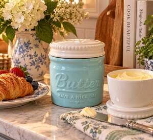 DOWAN French Butter Crock Keeper Aqua Blue Ceramic Butter Bell Farmhouse Kitchen